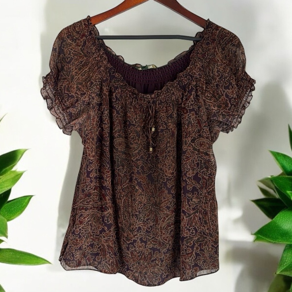 Lauren Ralph Lauren Silk Peasant Blouse Women’s Medium Paisley Brown Black
